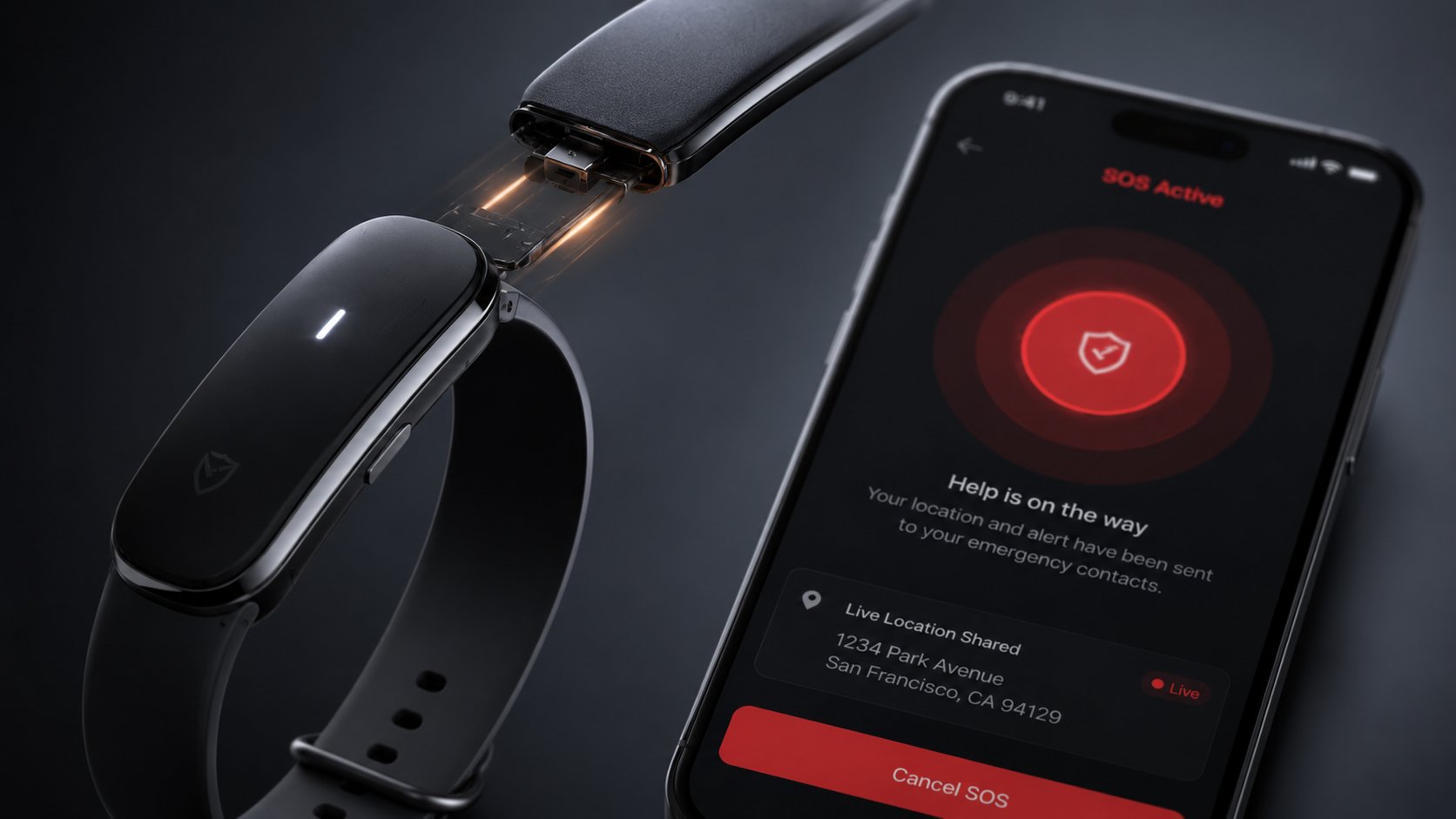 NeoBand wearable beside its companion app showing an active SOS alert and shared live location